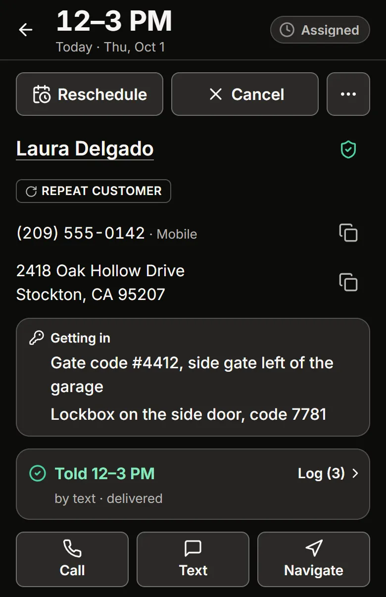 A job in the 10jobs app: the arrival window, 12 to 3 PM today, at the top; the customer's name, phone and Stockton address; a Getting in strip with a gate code and a lockbox code; the line Told 12–3 PM, by text, delivered; and Call, Text and Navigate buttons.